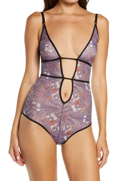 Hauty Women's Strappy Mesh Plunge Neck Teddy In Purple