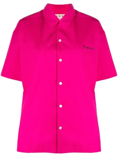 Marni Embroidered-logo Short-sleeve Shirt In Fuchsia,black