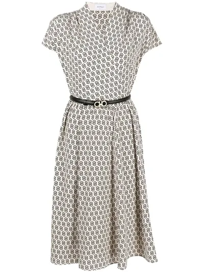 Ferragamo Double Gancini-print Belted Dress In White