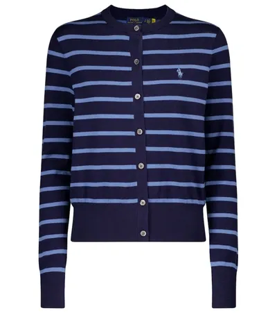 Polo Ralph Lauren Striped Polo Pony Logo Cardigan In Blue