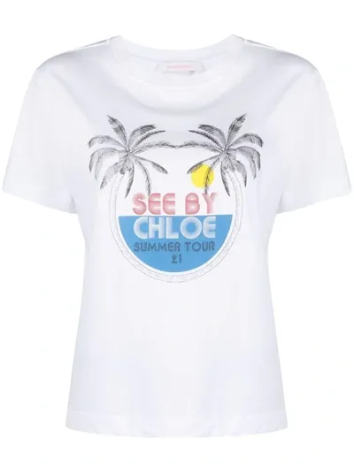 See By Chloé Graphic-print Cotton-jersey T-shirt In White,blue,red