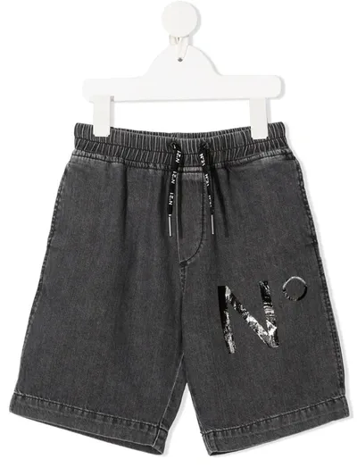 N°21 Kids' Logo-print Drawstring Denim Shorts In Black