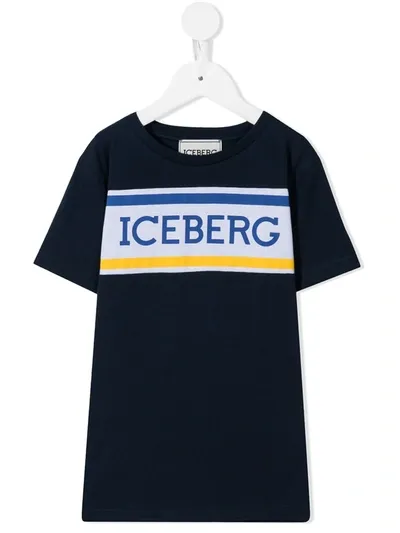 Iceberg Kids' Logo Panel Cotton T-shirt In Blue