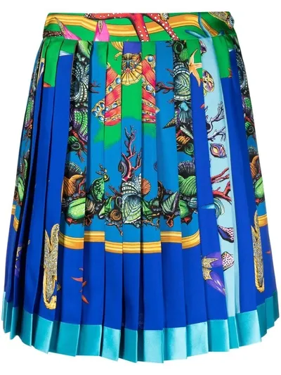 Versace La Medusa Pleated Printed Silk-twill Mini Skirt In Blue