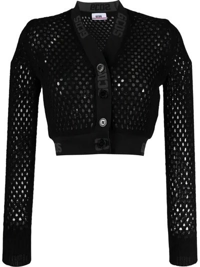 Gcds Open-knit Logo-print Cardigan In Black