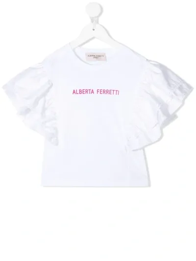 Alberta Ferretti Teen Logo-print Ruffled T-shirt In White