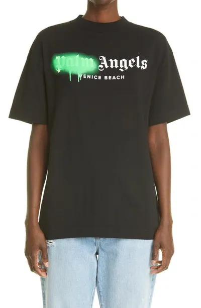 Palm Angels Black & Green Sprayed Logo 'london' T-shirt In Black,green