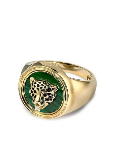 Yvonne Léon 9k Yellow Gold Leopard Malachite Diamond Signet Ring