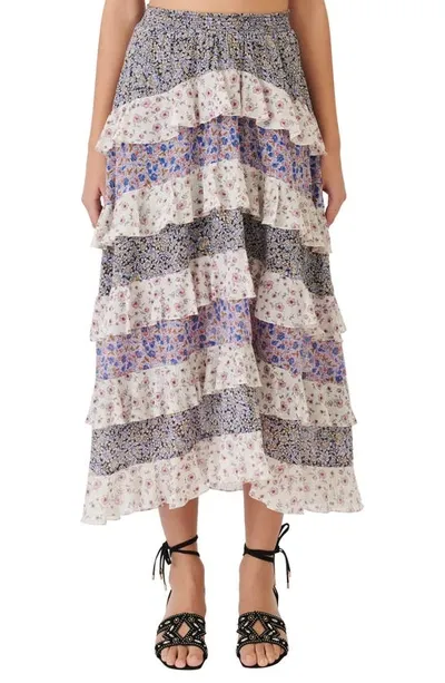 Maje Tiered Floral-print Organic Cotton Midi Skirt In Blue