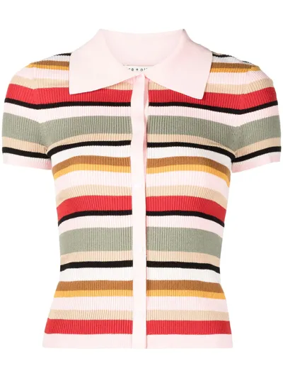 Alice And Olivia Colleen Striped Ribbed-knit Polo Shirt In Neutral