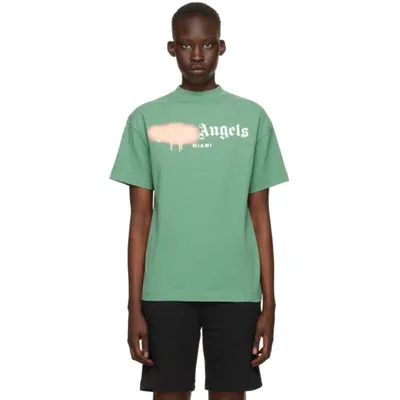 Palm Angels Green & Pink Sprayed Logo 'miami' T-shirt In Forest Green Pink