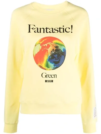 Msgm Fantastic Logo-print Crew Neck Sweatshirt In Yellow