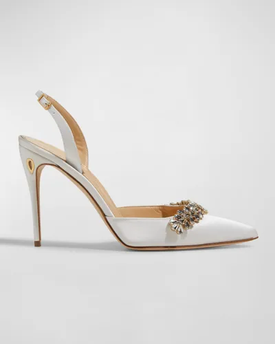 Jennifer Chamandi Vittorio Satin Crystal Slingback Pumps In White