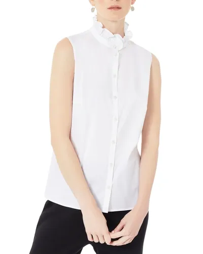 Misook Ruffle Neck Stretch Cotton Blouse In White