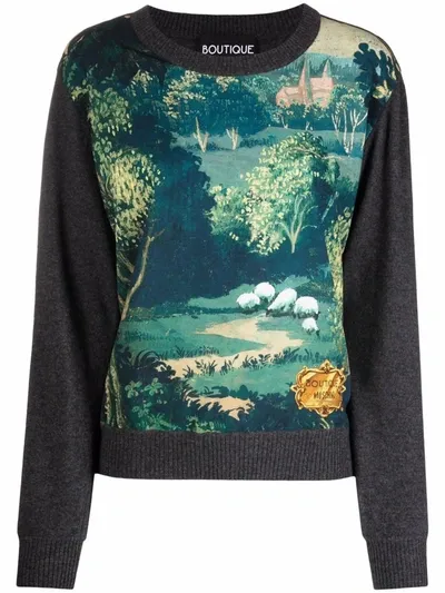 Boutique Moschino Landscape Extra-fine Merino Wool Sweater In Dark Grey