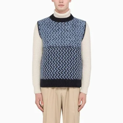 Jil Sander Blue/light Blue Wool Bloend Vest With Motif