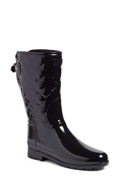 Hunter Refined High Gloss Quilted Short Waterproof Rain Boot In Black