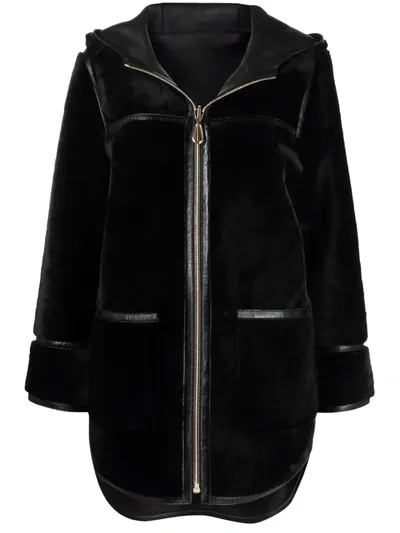 Sandro Womens Noir / Gris Reversible Hooded Shearling And Leather Coat 6