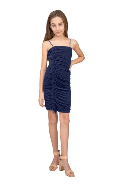 Un Deux Trois Kids' Ruched Sleeveless Dress In Navy