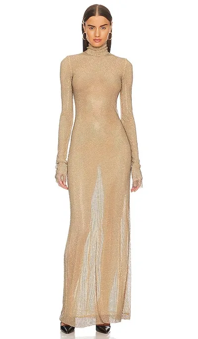 Laquan Smith Crystal-embellished Mesh Turtleneck Maxi Dress In Gold