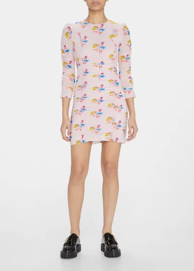 Ganni Ruched Mesh Floral-print Mini Dress In Light Lilac