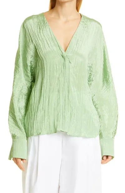 Vince Crushed Satin Long Sleeve Blouse In Green