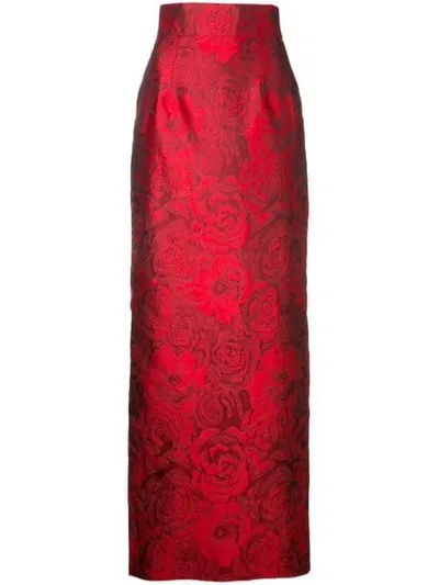 Bambah Rose Jacquard Pencil Skirt In Red