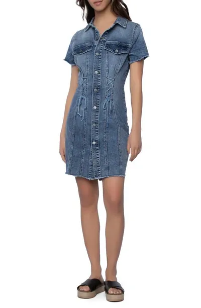 Wash Lab Denim Tie One On Short Sleeve Denim Minidress In Amazing Blue