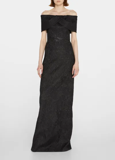 Rickie Freeman For Teri Jon Off-shoulder Jacquard Column Gown In Black