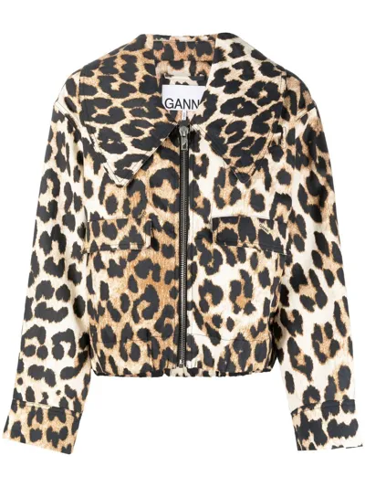 Ganni Animalier Print Cotton Blend Jacket In Black