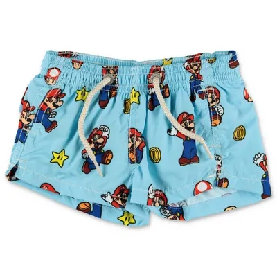 Mc2 Saint Barth Kids'  Costume Shorts Da Mare Celeste Super Mario In Nylon Riciclato In Gnawed Blue