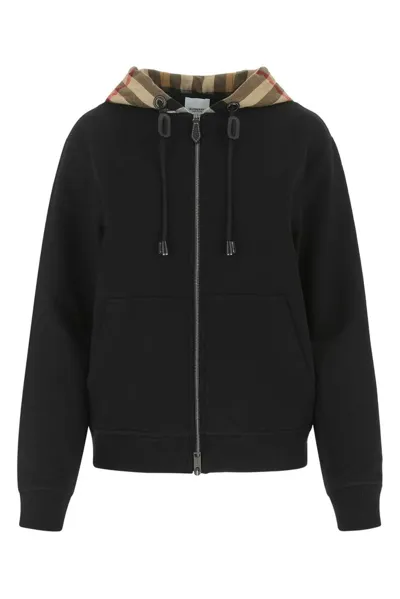 Burberry Willow Check-hood Zip-up Sweatshirt In Black