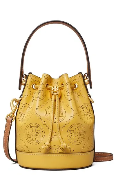 Tory Burch T Monogram Perforated Leather Mini Bucket Bag In Yellow