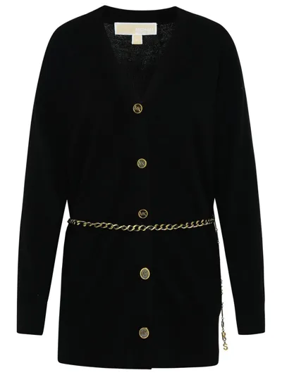 Michael Michael Kors M Michael Kors Womans Black Merino Wool Cardigan With M Chain Belt