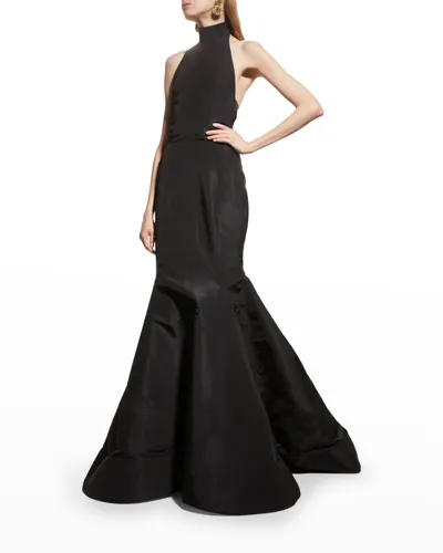 Oscar De La Renta Bow-embellished Silk-faille Halterneck Gown In Black