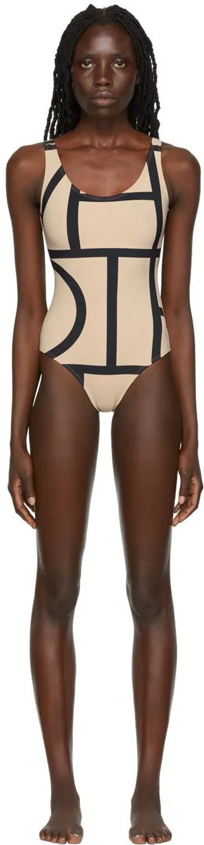 Totême Black & Beige Monogram One-piece Swimsuit In 910 Monogram Print