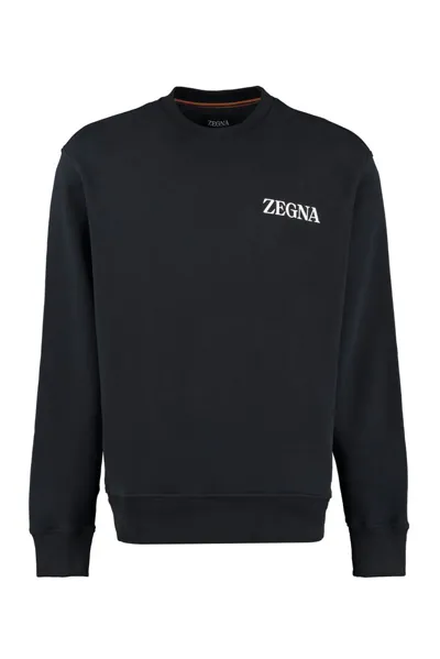 Ermenegildo Zegna Blue Cotton Crew Neck Sweatshirt In Dark Blue