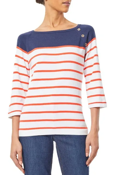 Jones New York Women's Stripe Raglan Pullover With Assymetrical Buttons Top In Bright Scarlet/nyc White Combo