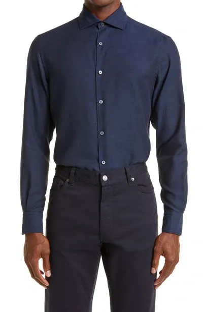 Zegna Cashco Long Sleeve Button Up Shirt In Dark Blue