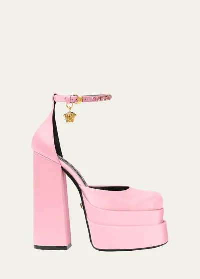 Versace 155mm La Medusa Platform Satin Mary Janes In Pink