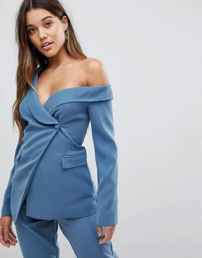 Lavish Alice Off Shoulder Fitted Blazer - Blue