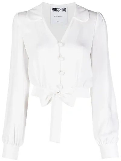 Moschino Cropped Tied-hem Silk Blouse In White