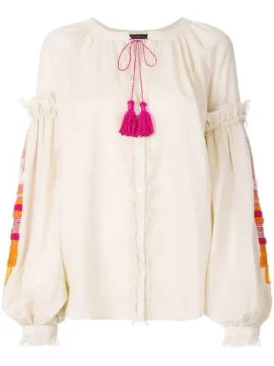 Wandering Contrasting Tassel Peasant Blouse In Pink