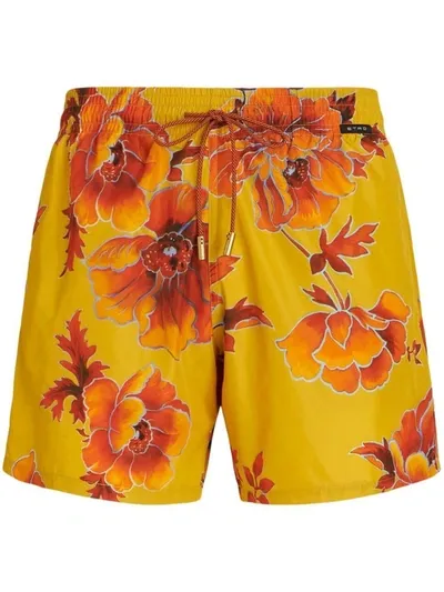 Etro Floral-print Swim Shorts In Gold