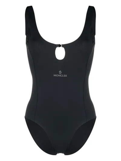 Moncler Logo One-piece Swimsuit With Keyhole In Black