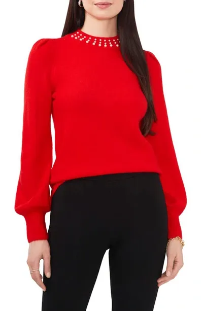 Chaus Imitation Pearl Collar Sweater In Cherry Red