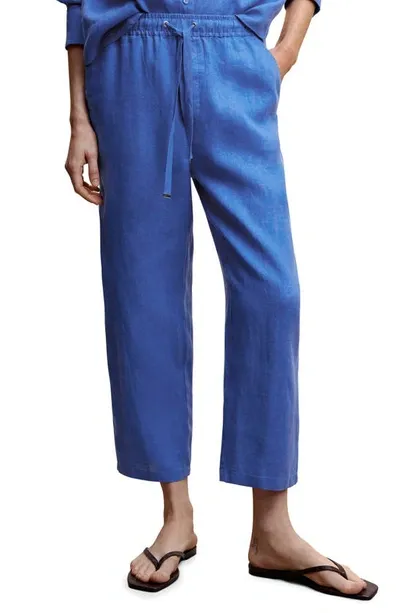 Mango Tie Waist Linen Crop Pants In Blue