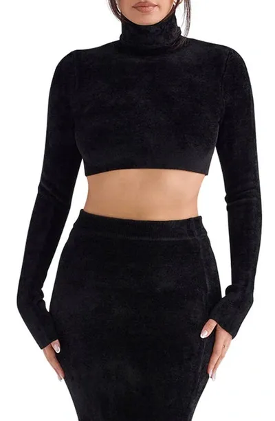 House Of Cb Crop Chenille Turtleneck Sweater In Black