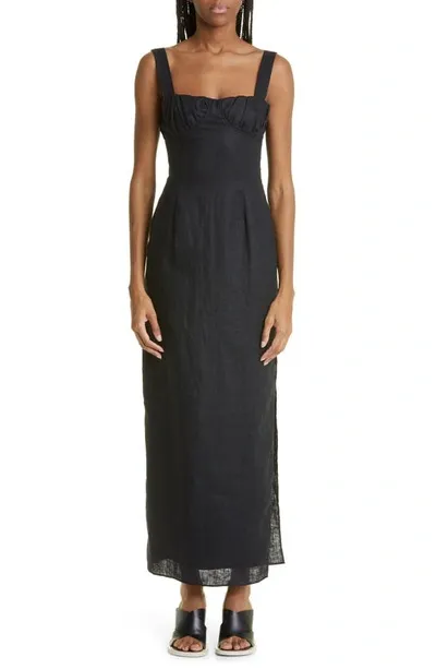 Sir Bettina Ruched Linen Midi Dress In Black