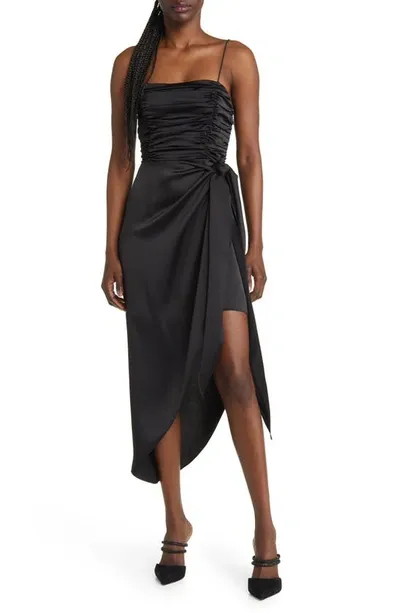 Wayf Ruched Bodice Satin Midi Dress In Black